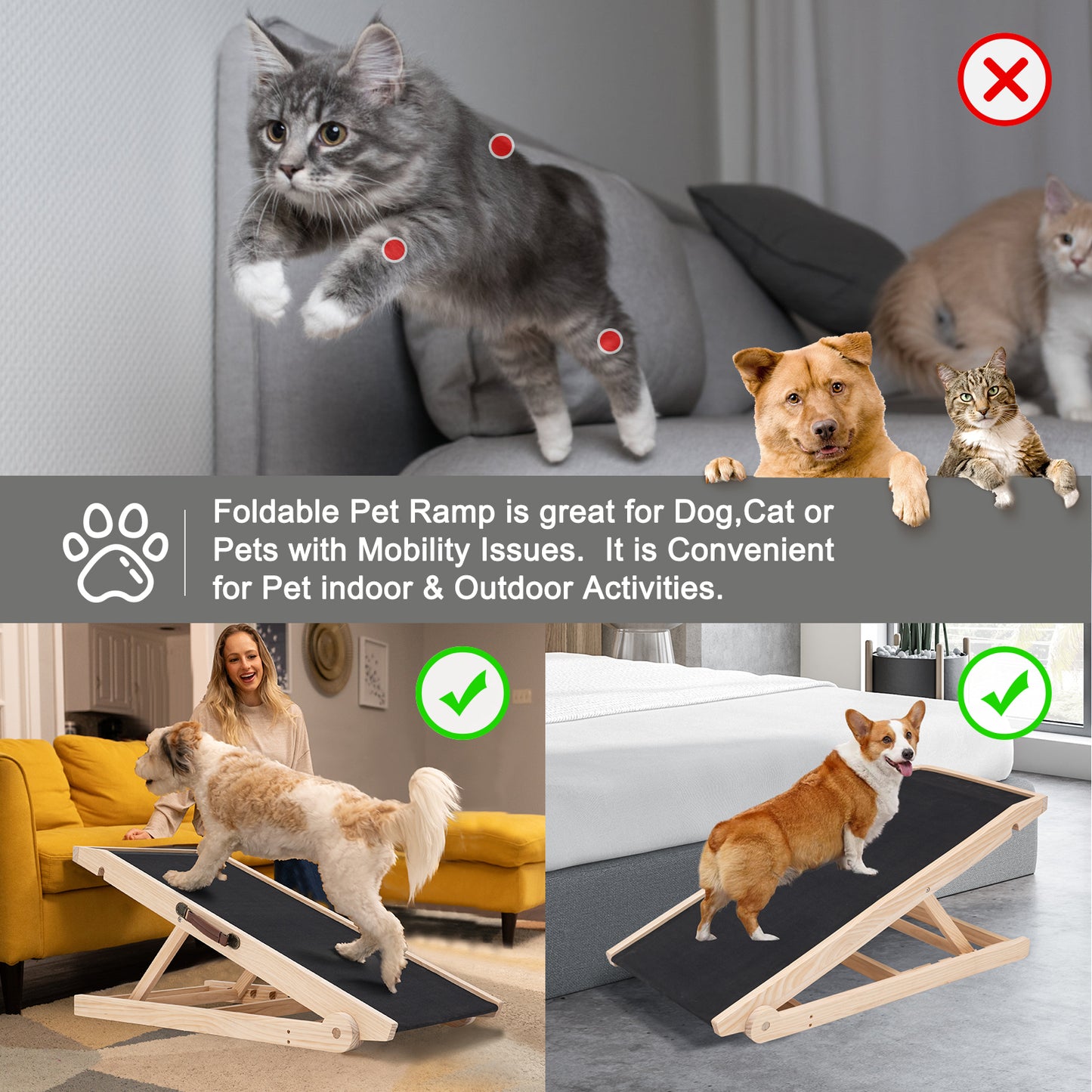 Aboron Antislip Wooden Dog Ramp for High Bed, Couch, Car