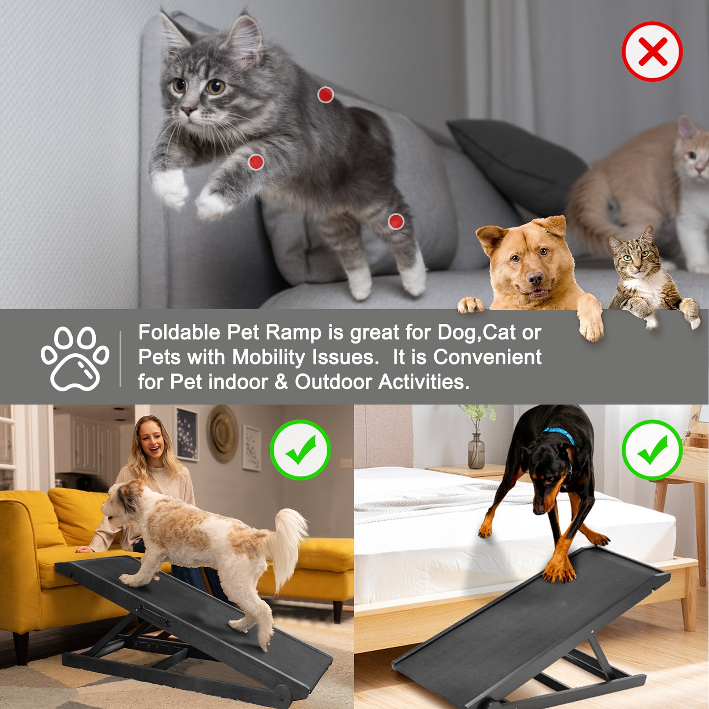 Aboron Adjustable Folding Rubber Pet Ramp for Small & Large Old Dogs & Cats